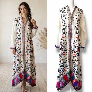 Artisan Hand-Embroidered Silk-Crinkle Embroidered Boho Maxi Dress Suzani Style